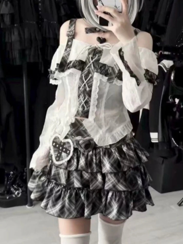 Japanese Punk Sweet Two Piece Sets Women's One-shoulder Lace Blouse + Plaid Cake Skirt New Vintage Fashion Harajuku Y2k Outfits