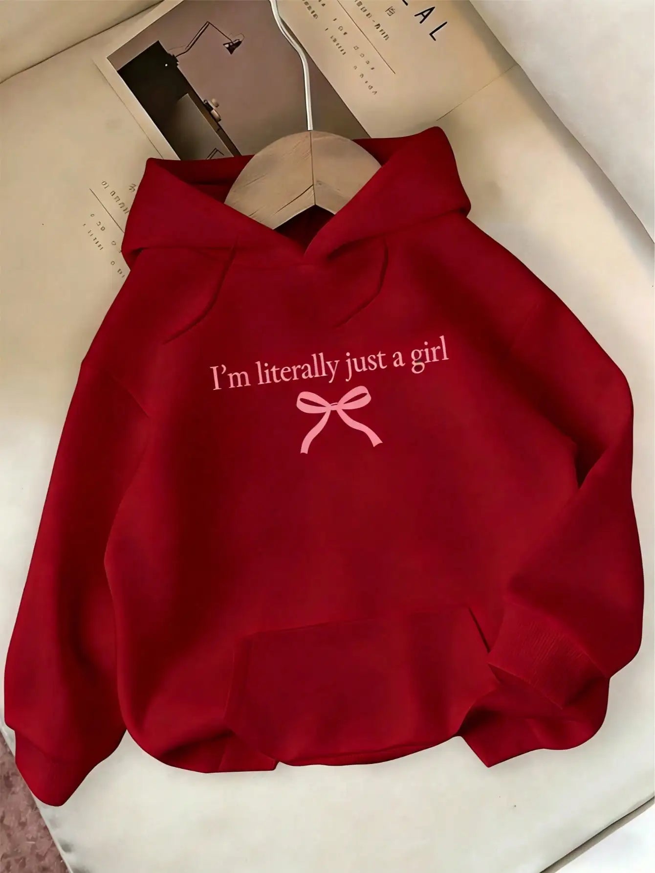 Women's Black Hoodie with 'I'm Literally Just a Girl' Print & Pink Bow, Cozy Fall Winter Pullover with Pockets