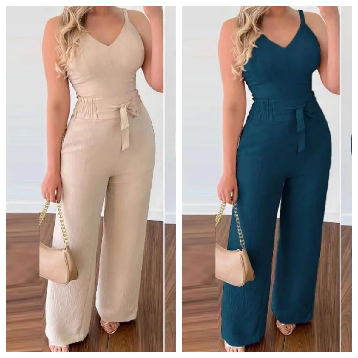 Women's Solid Color Slim Elastic Pleated Two-Piece Suit Sexy Spaghetti Strap V-neck Backless Vest High Waist Wide Leg Pants Suit