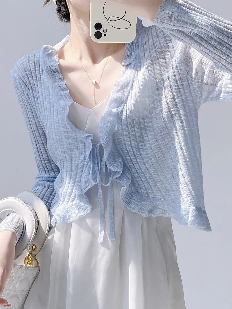 Lace Trim One Button Long Sleeve Crop Top Women Short Sleeve Open Front Ribbed Knit Cardigan Sweater Summer Fairycore Outfit