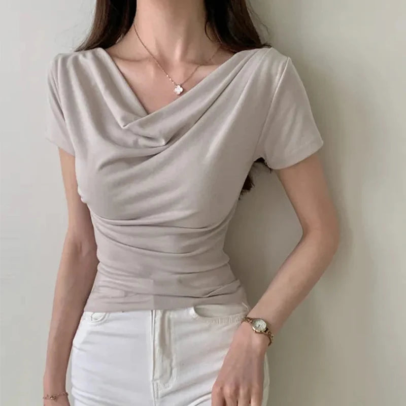 Summer Solid Women's T-shirts 2025 New Short Sleeve Irregular Collar Korean Casual Shirts Knitwear Sexy Slim Top Female