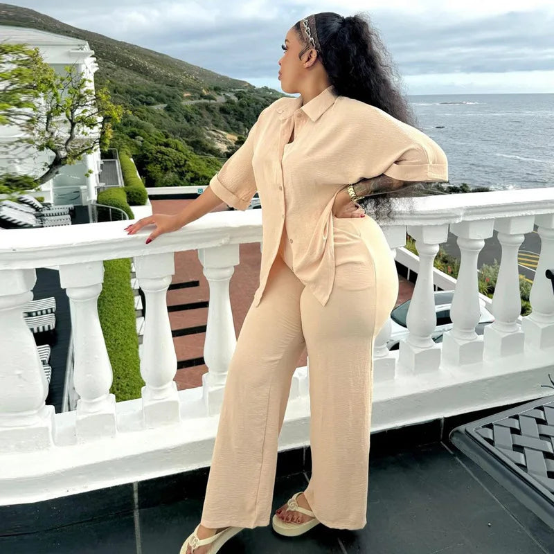 Pant Set Women Two Piece Sets Turn Down Collar Matching Sets Shirt Tops Casual Loose Wide Leg Long Pants Elastic Waist 2025