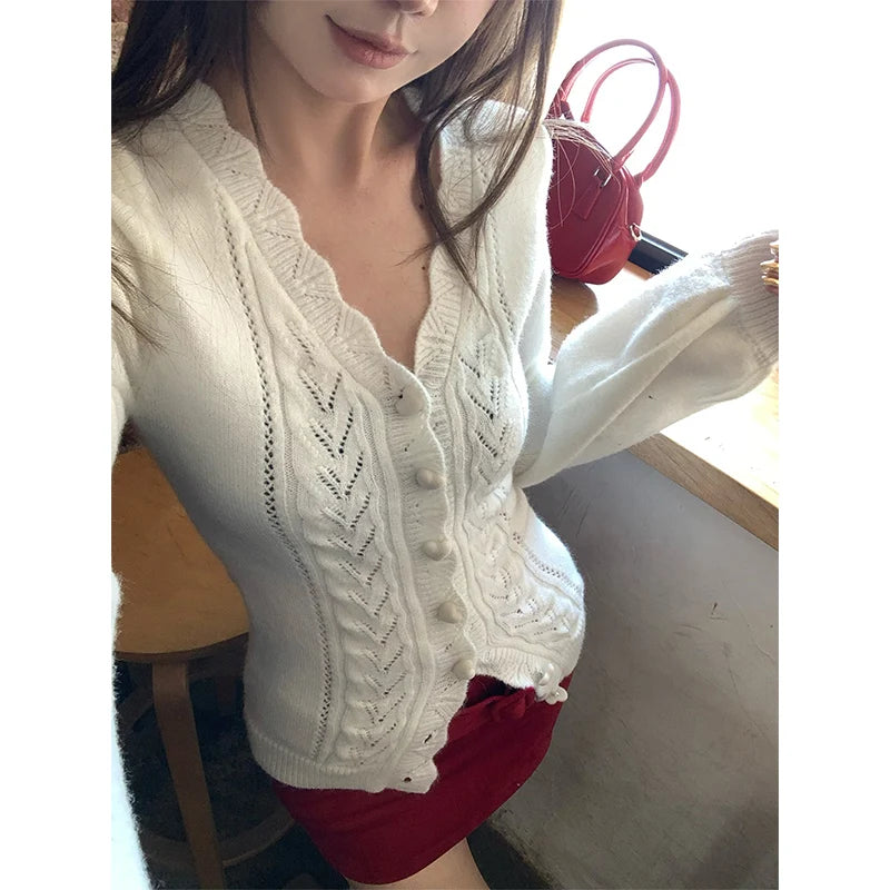 Y2K Vintage Hollow Out V-Neck Knitted Cardigan Women Sexy Slimming Sweater Coat Autumn Korean Chic Single-Breasted Knitwear Tops