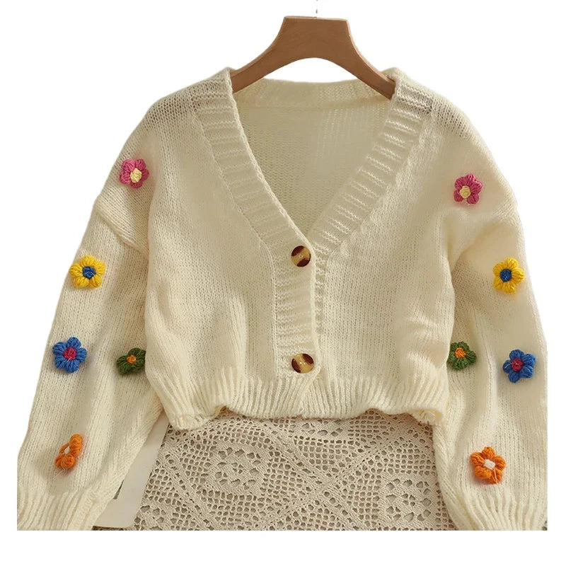 2025 New Autumn Winter Colourful Applique Flower Cardigan for Women Cute Long  V-neck Knit Crop Sweater Girl Soft Knitwear