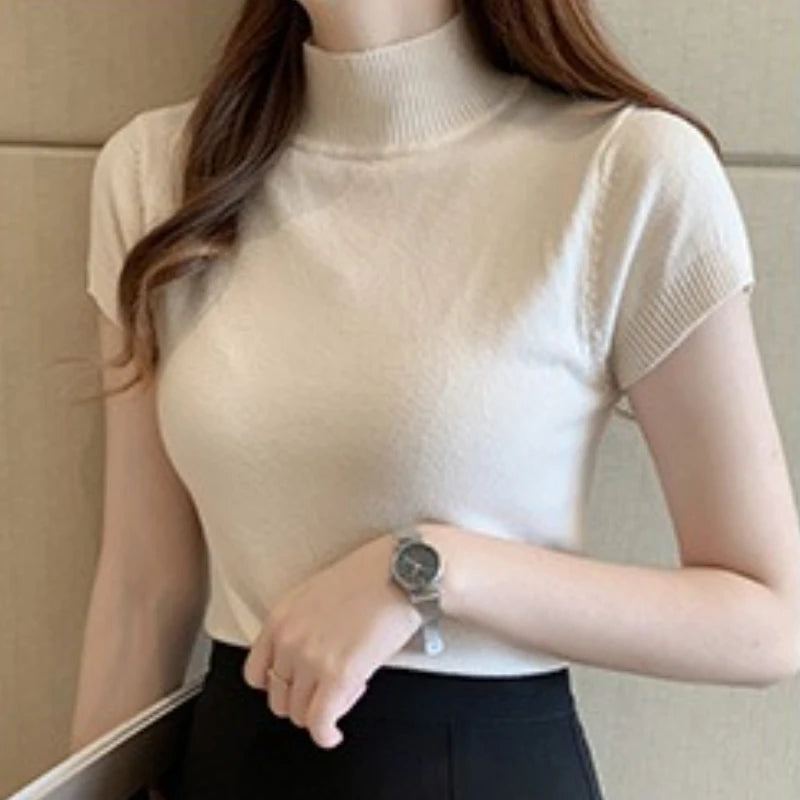 2025 Fashion Woman Pullovers Short Sleeve Autumn Tops Women Turtleneck Knitted Sweater Korean Style Elegant Solid Slim Tops