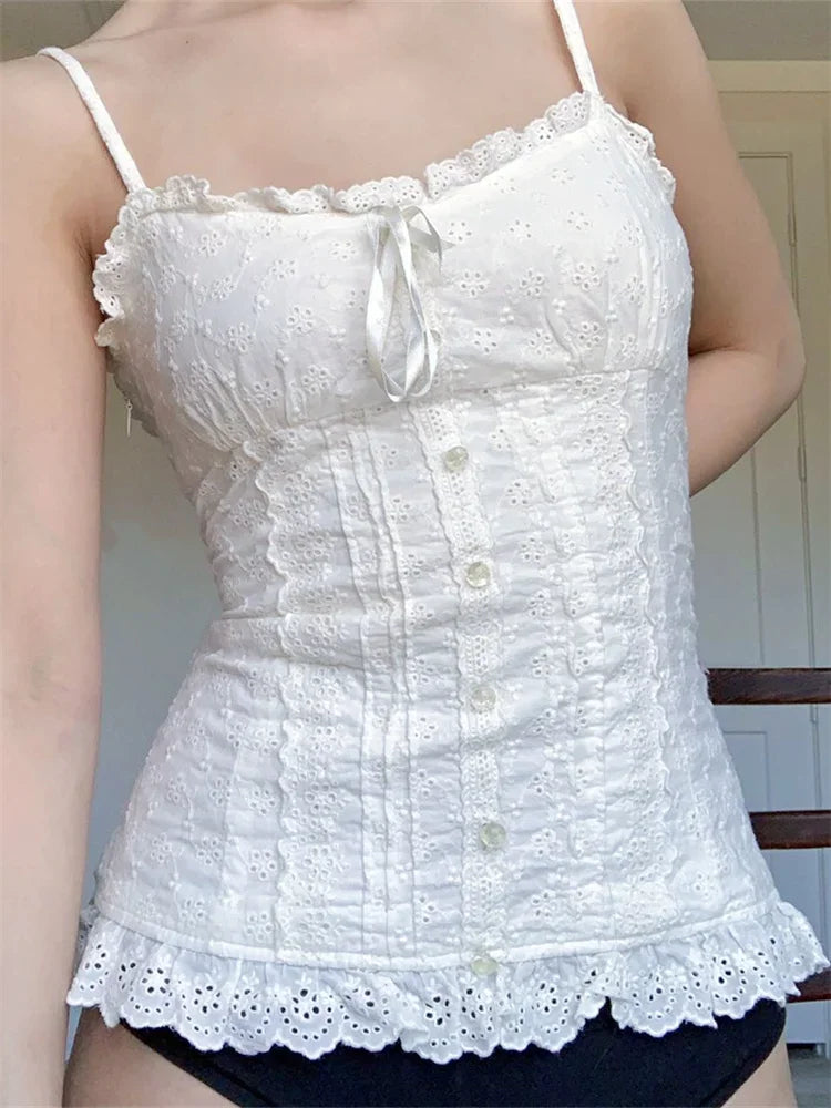 Women Lace White Corset Tank Tops Spaghetti Strap Sleeveless Camisole Tops Y2K Aesthetic Casual Summer Vest Shirts Female
