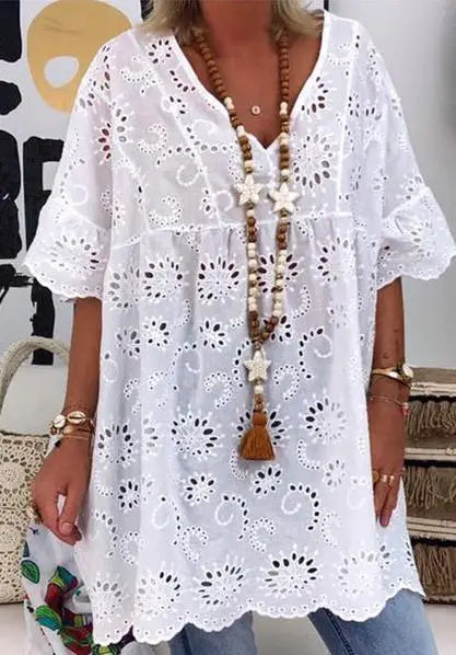 Women Mini Dress Fashion V-Neck Hollow Out Embroidery Pattern Short Sleeves White Color Ruffle Dress Summer Casual Loose Cover-u