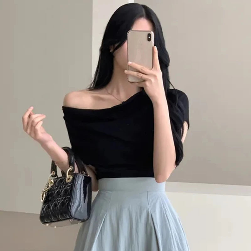 Summer Solid Women's T-shirts 2025 New Short Sleeve Irregular Collar Korean Casual Shirts Knitwear Sexy Slim Top Female