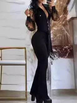 Jumpsuit Women Autumn Elegant Tied Detail Turn-Down Collar Plain Long Sleeves Flared Jumpsuit Fashion One Pieces Overalls