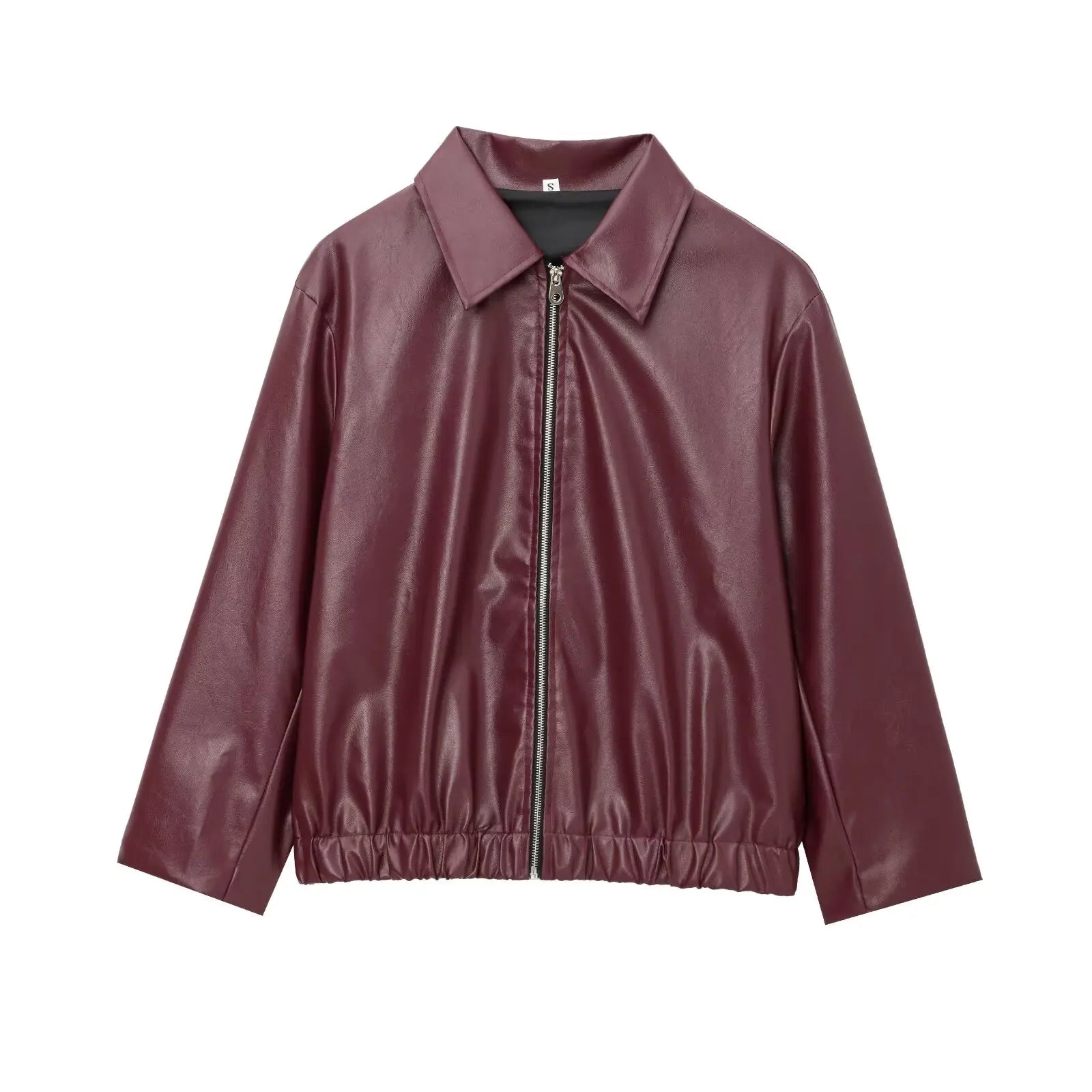 HH Women Fashion Burgundy Faux Leather Jackets Casual Lapel Long Sleeves Coat Zipper Autumn Female High Street Outerwear