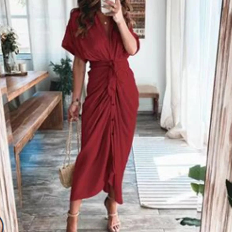 High Waisted Lady Shirt Dress for Women Clothing Summer Classic Casual Slim Short Sleeve Women Dress Female Solid Long Skirt