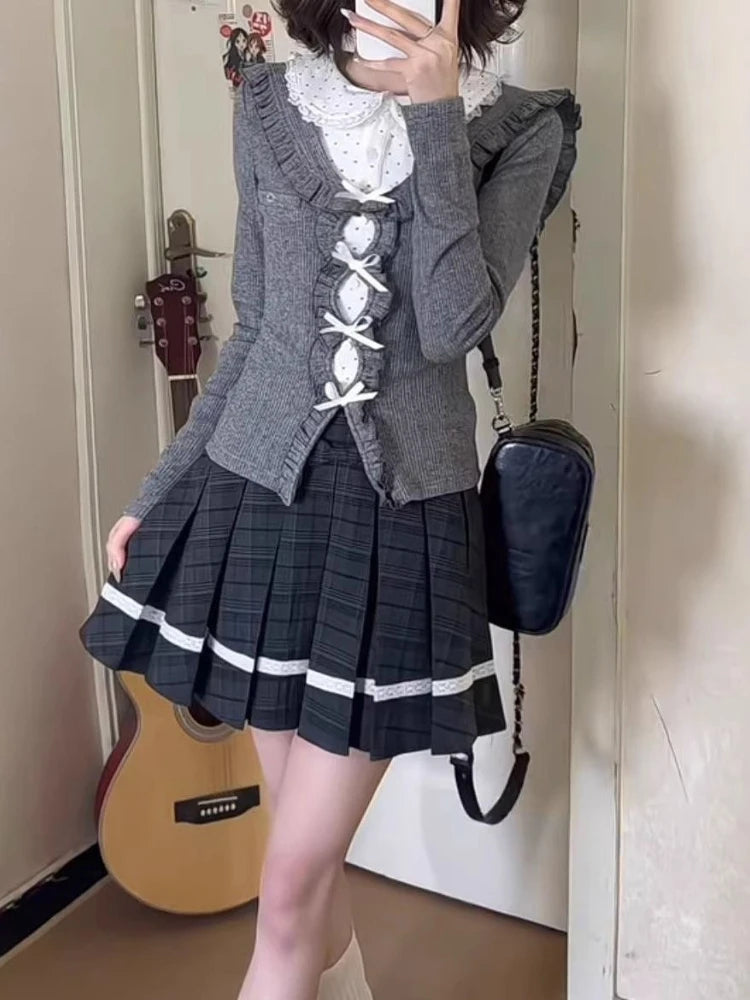 Japanese Sweet Preppy Style 2 Piece Sets Women Fake Two Piece Tops + Pleated Skirt New Fashion JK Slim Retro Outfits Spring 2026