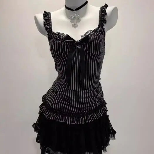 Summer Vintage Striped Camisole Tops Women Retro Slim Fit Lace Trim Sleeveless Bow Blouse Y2K Sweet Hot Girl Casual Vest New