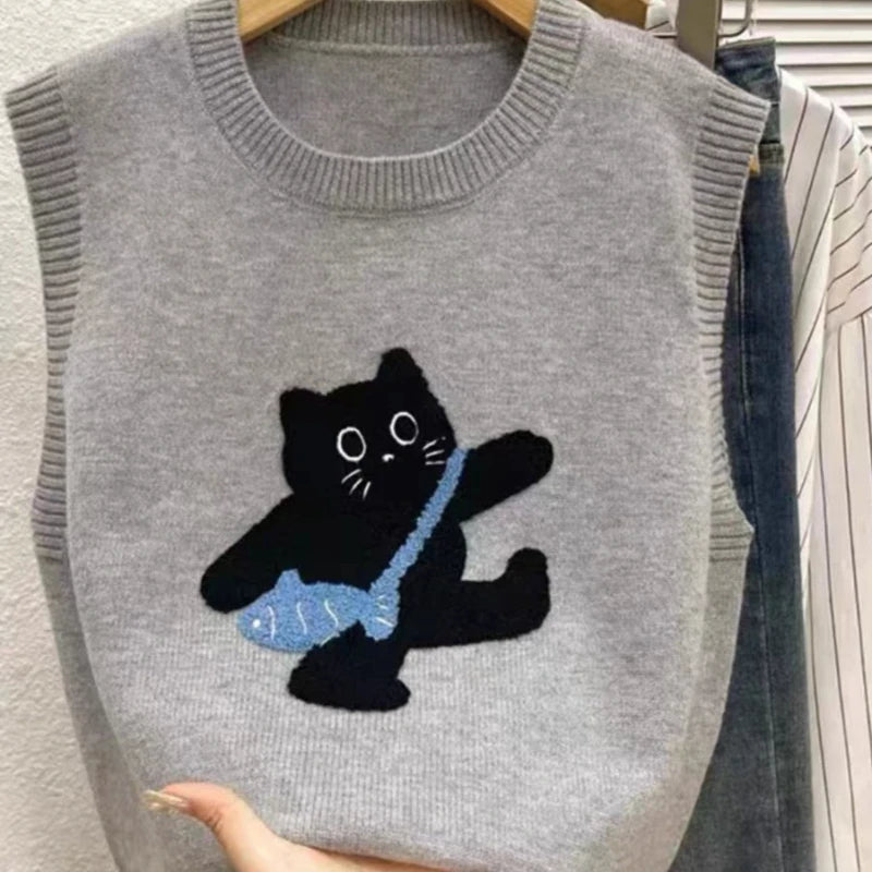 AOSSVIAO 2025 Women Knitted Tank Top Summer Fall Cartoon Sweater Short O Neck Sleeveless Solid Spring Sweaters Pullovers