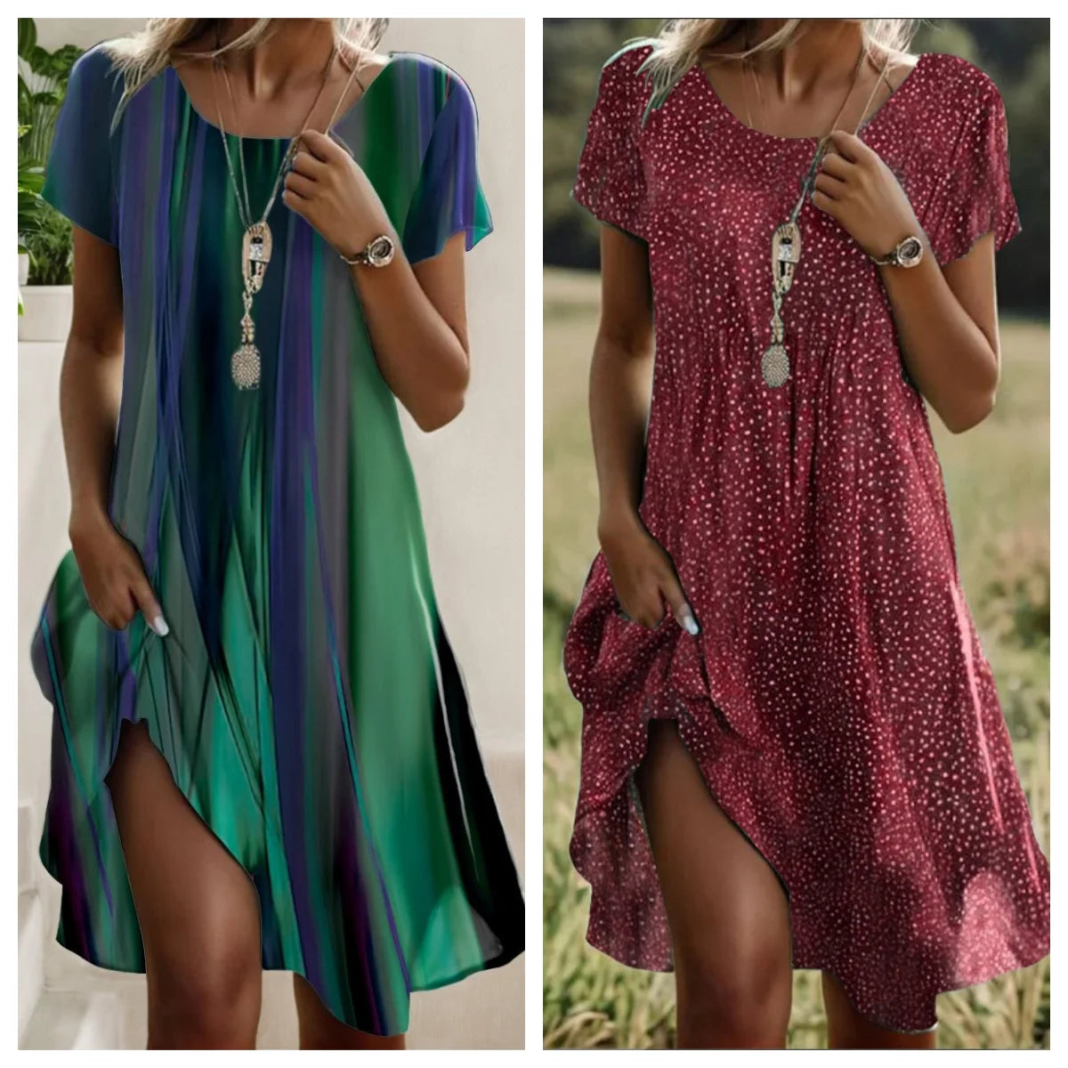 Print Women'S Dress Elegant Women'S Summer Fashion Stitch O Neck Loose Holiday Women'S Sexy Knee-Length Dress