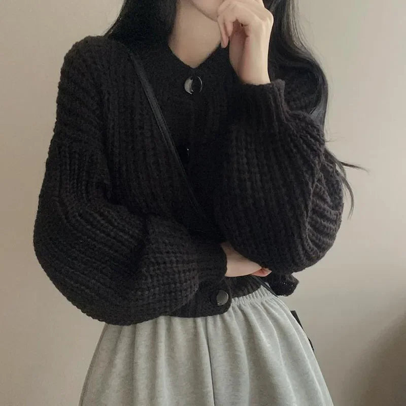 2025 Fall Winter Short Knitted Cardigan Women Thicken Warm Single-Breasted Sweater Female Solid O-Neck Long Sleeve Knitwear Coat