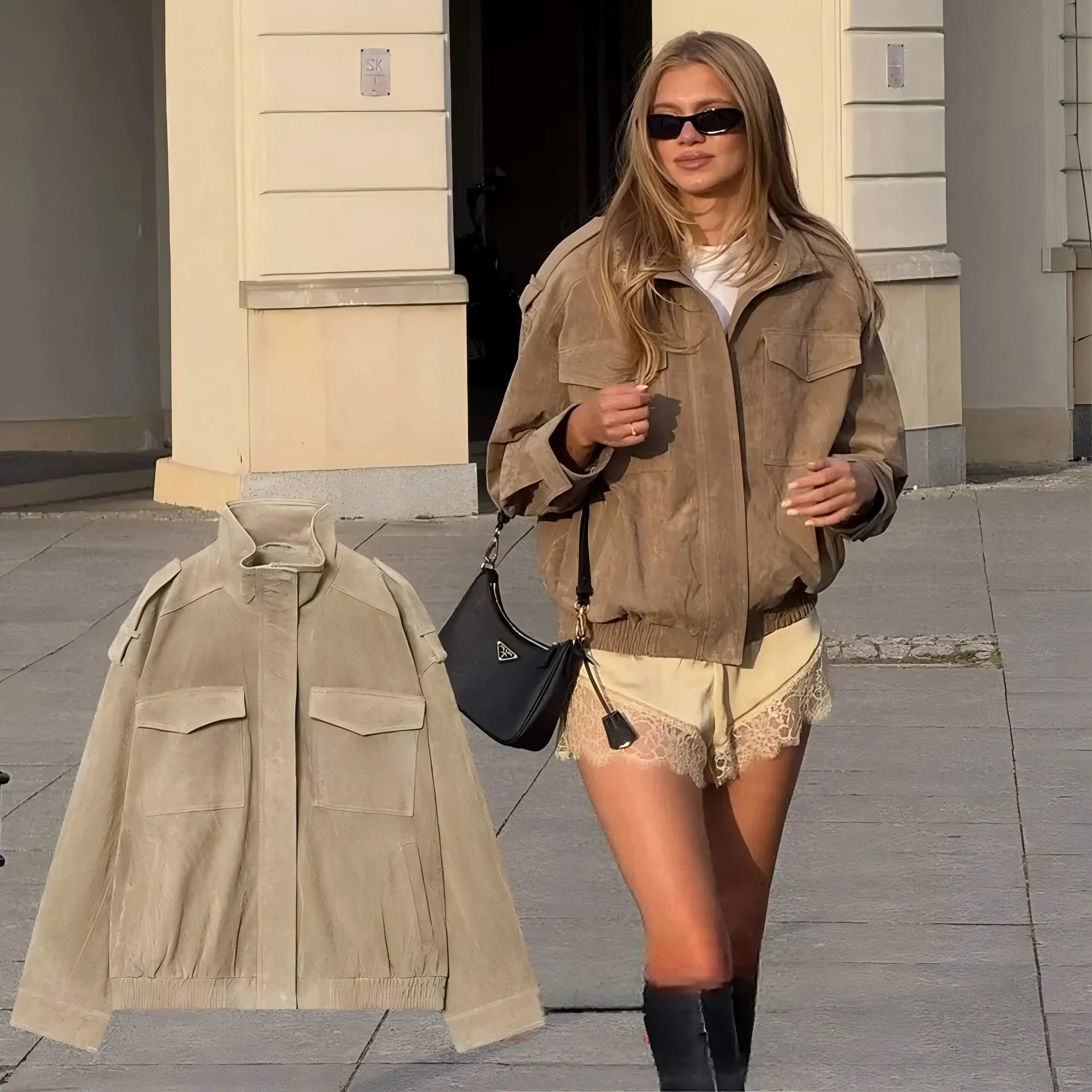 KONDALA Chic Suede Women Bomber Jacket Women Long Sleeve Pockets Straight Loose Coat Fashion 2025 Fall Winter Streetwear Outwear