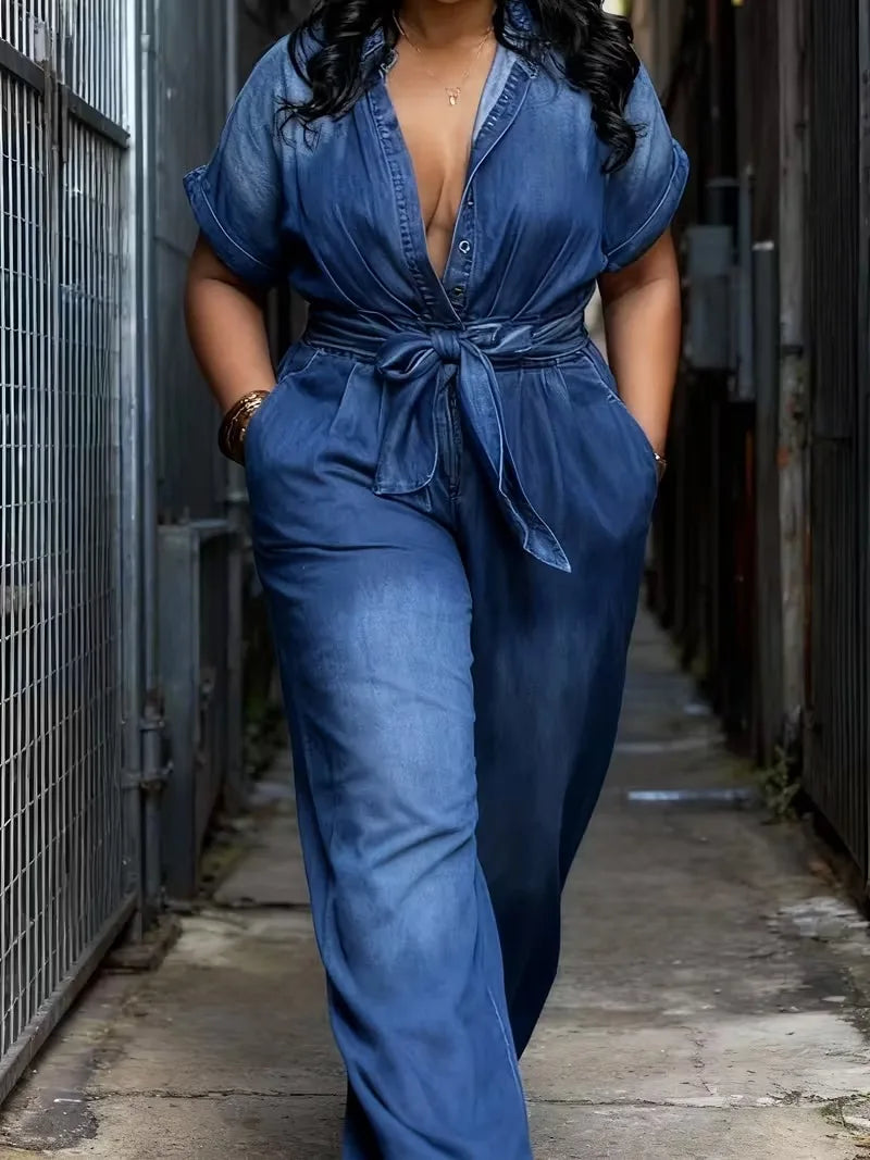 New Fashion Lapel Button- Short Sleeve Loose Wide Leg Jumpsuit, Women'S Jumpsuit