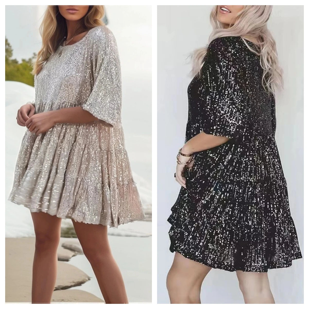 Elegant Fashion Sequins Round Neck Loose Short-sleeved Dress Dinner Dress Plus-size Women's Clothing