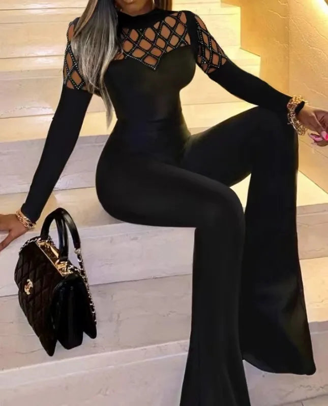 Woman Long Jumpsuits Elegant Sexy Rhinestone Cutout Flare Leg Skinny Jumpsuit New Fashion Casual One Pieces