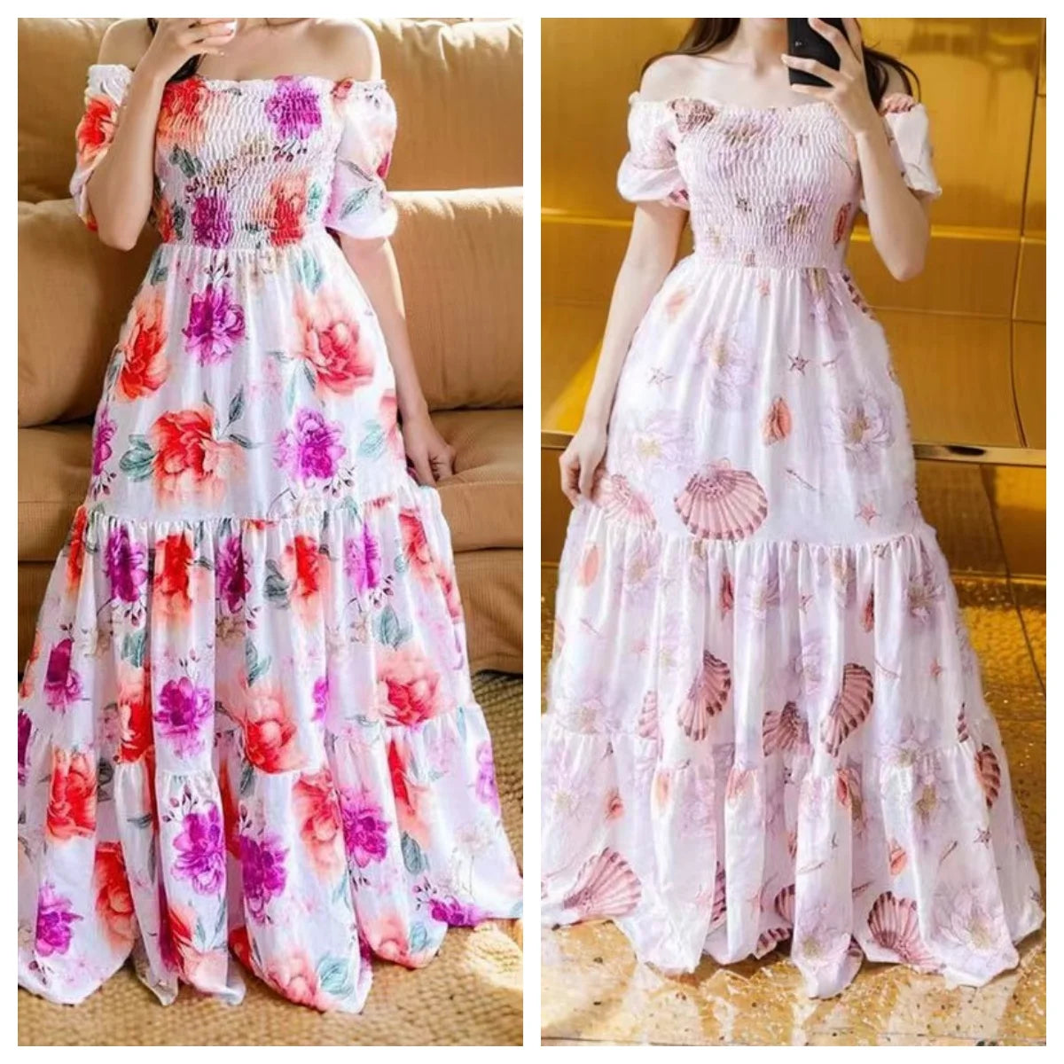 Summer Dresses for Women Print Off Shoulder Broken Flower Open Shoulder Long Dress Streetwear