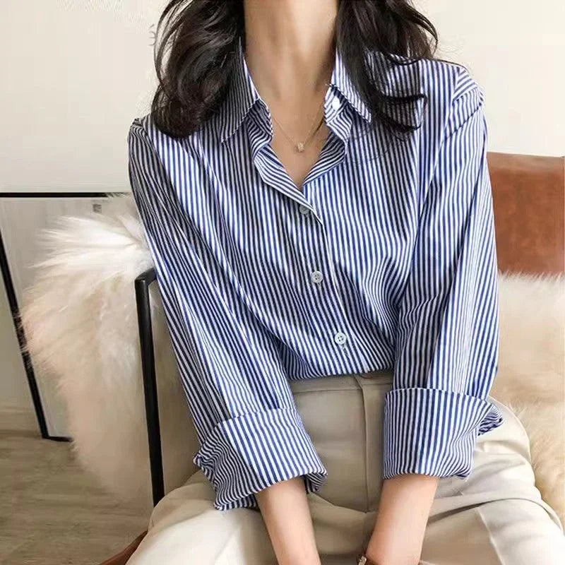 AOSSVIAO 2025 Classic Striped Woman Spring Autumn Blouses Shirt Lady Long Lantern Sleeve Stand Collar Loose Blusas Tops