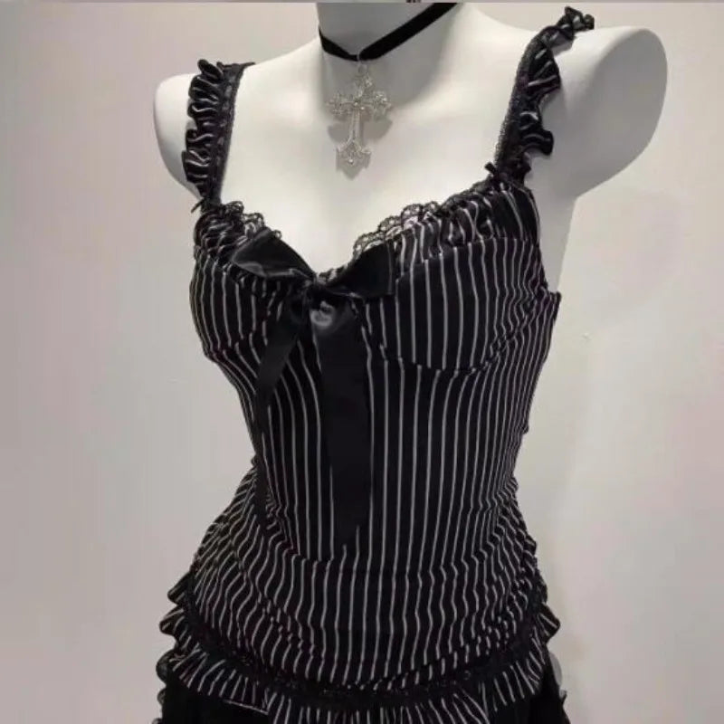 Summer Vintage Striped Camisole Tops Women Retro Slim Fit Lace Trim Sleeveless Bow Blouse Y2K Sweet Hot Girl Casual Vest New