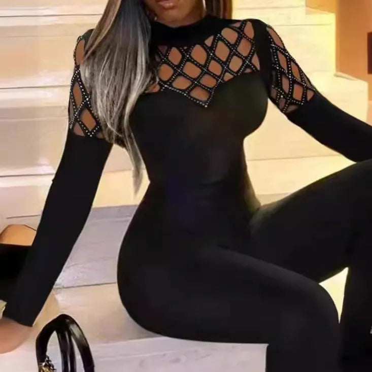 Woman Long Jumpsuits Elegant Sexy Rhinestone Cutout Flare Leg Skinny Jumpsuit New Fashion Casual One Pieces