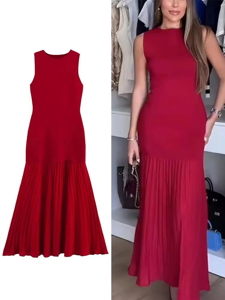 Spring Summer New Women's Dress Pleated Patchwork Simple Temperament Knitted Sleeveless Long Dresses for Women 2025
