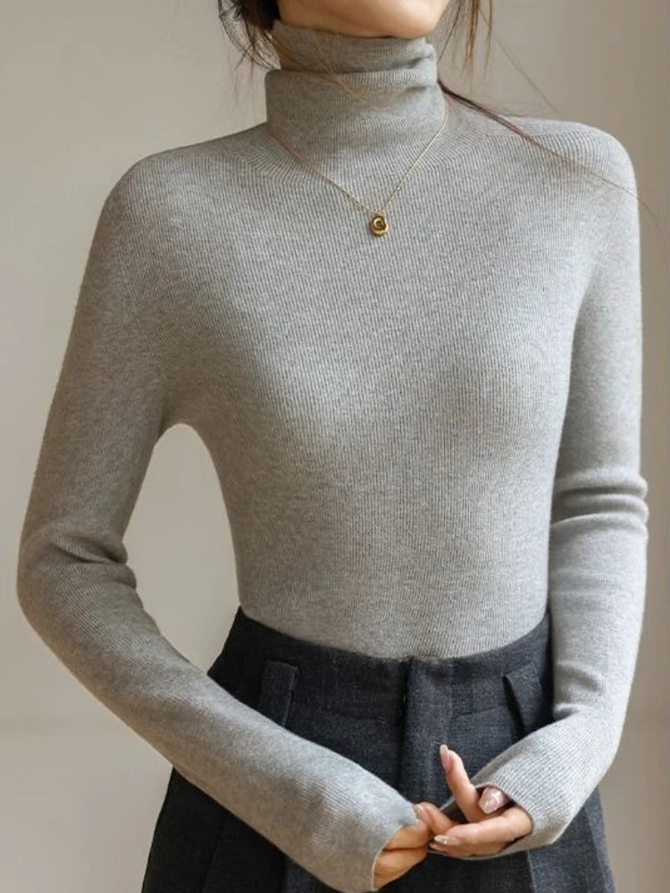 AOSSVIAO 2025  Pullovers Women's Turtleneck Sweater Autumn Winter Korean Slim Long Sleeve Solid Simple Basic Knit Thick Warm Top