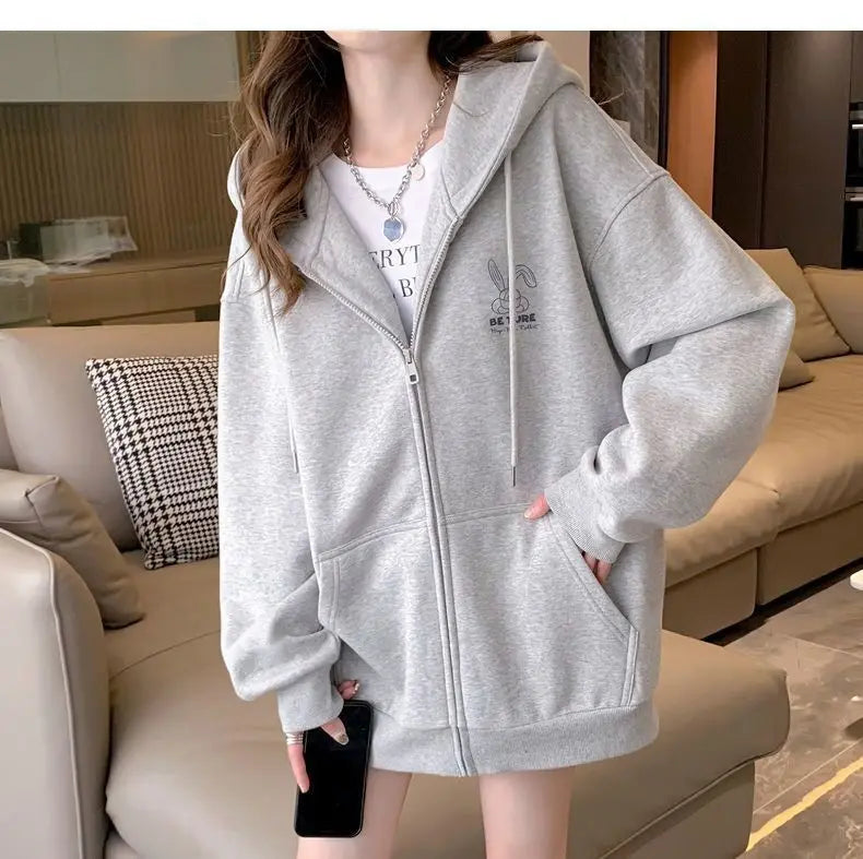 Women Embroidery Print Sporty Chic Hoodies Casual Zip Up Long Sleeve Loose Jacket Coats Harajuku Hooded Sweatshirts Streetwear