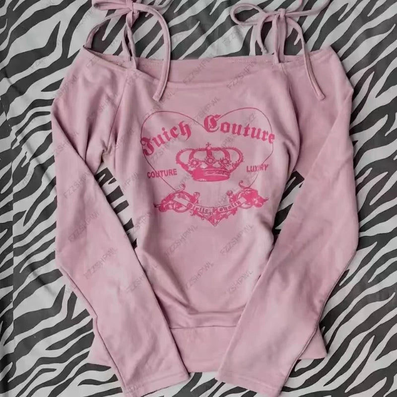 Y2K Pink Off Shoulder Long Sleeve Tops Women Letter Print Cute Sexy Shirt Solid Casual Aesthetic Joker Match Retro Clothing 2025