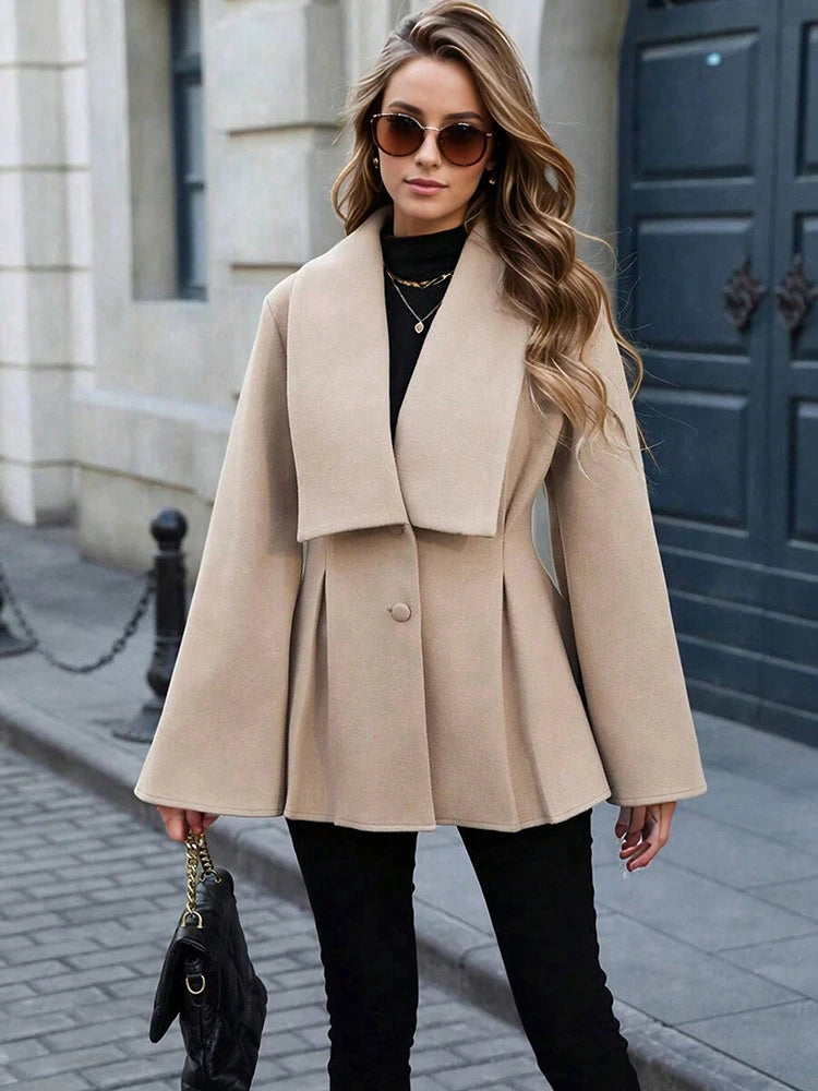 Flared Sleeves Solid Coats for Woman Autumn Winter Woman Clothing Big Collar Pleated Female Coat Outfits New In Outerwears