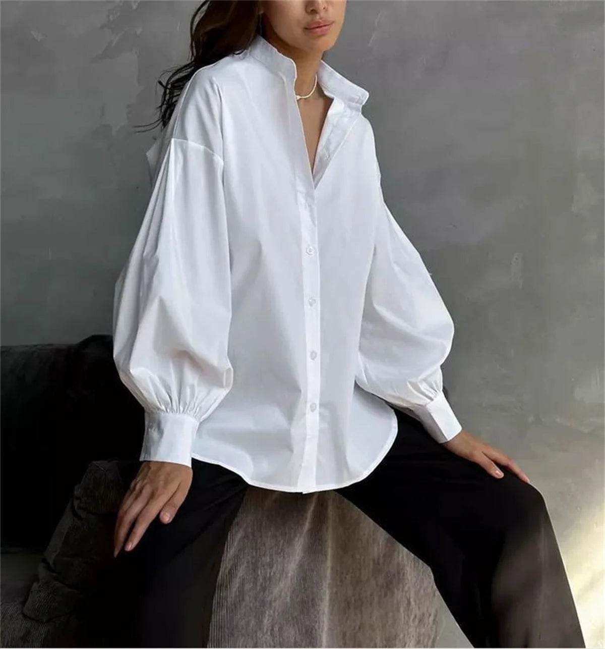 Women Chic Temperament Shirts Lantern Sleeve Single Breasted Solid Tops Spring Autumn Loose Versatile Blouse Office Lady Casual